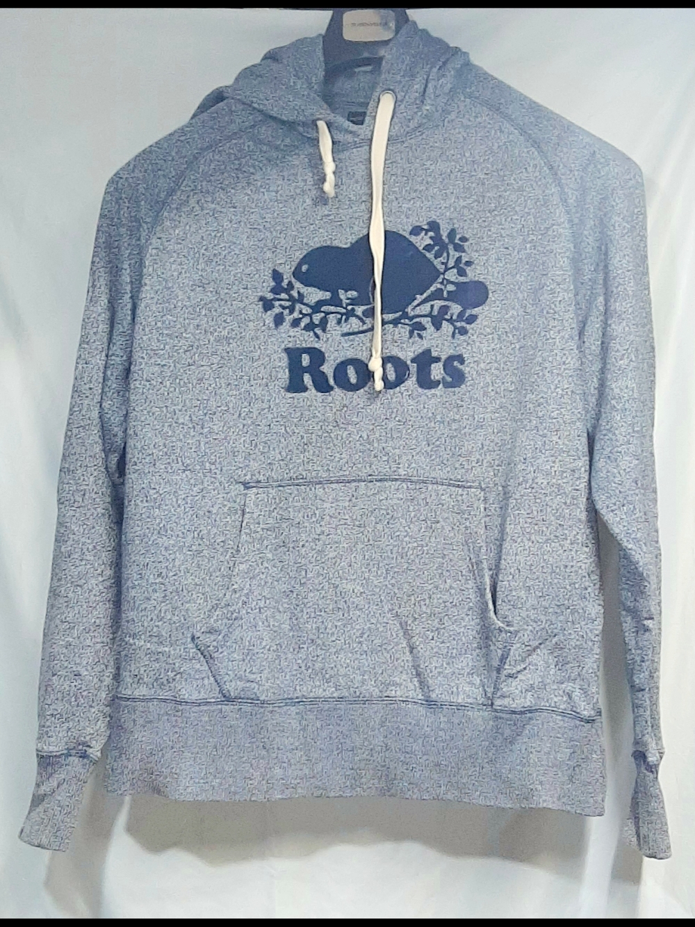 Roots Light Blue Grey Heather Hoodie with Navy Logo
